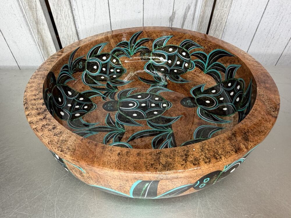 Hand Painted Decorative Mesquite Wooden Bowl Turtle Motif Sparkle Under The Sea